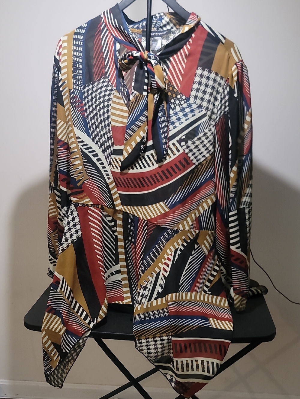 Ashley Stewart Multicolor Geometric Tie-Neck Blouse